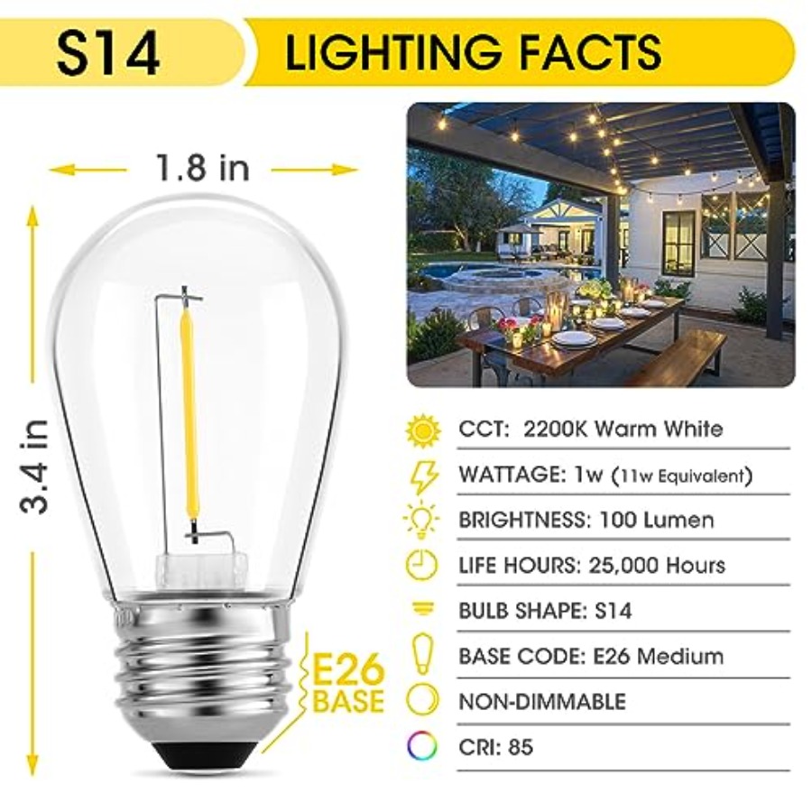 36 قطعة من مصابيح LED S14 للإض - مراجعة String Light Outdoor وسعره